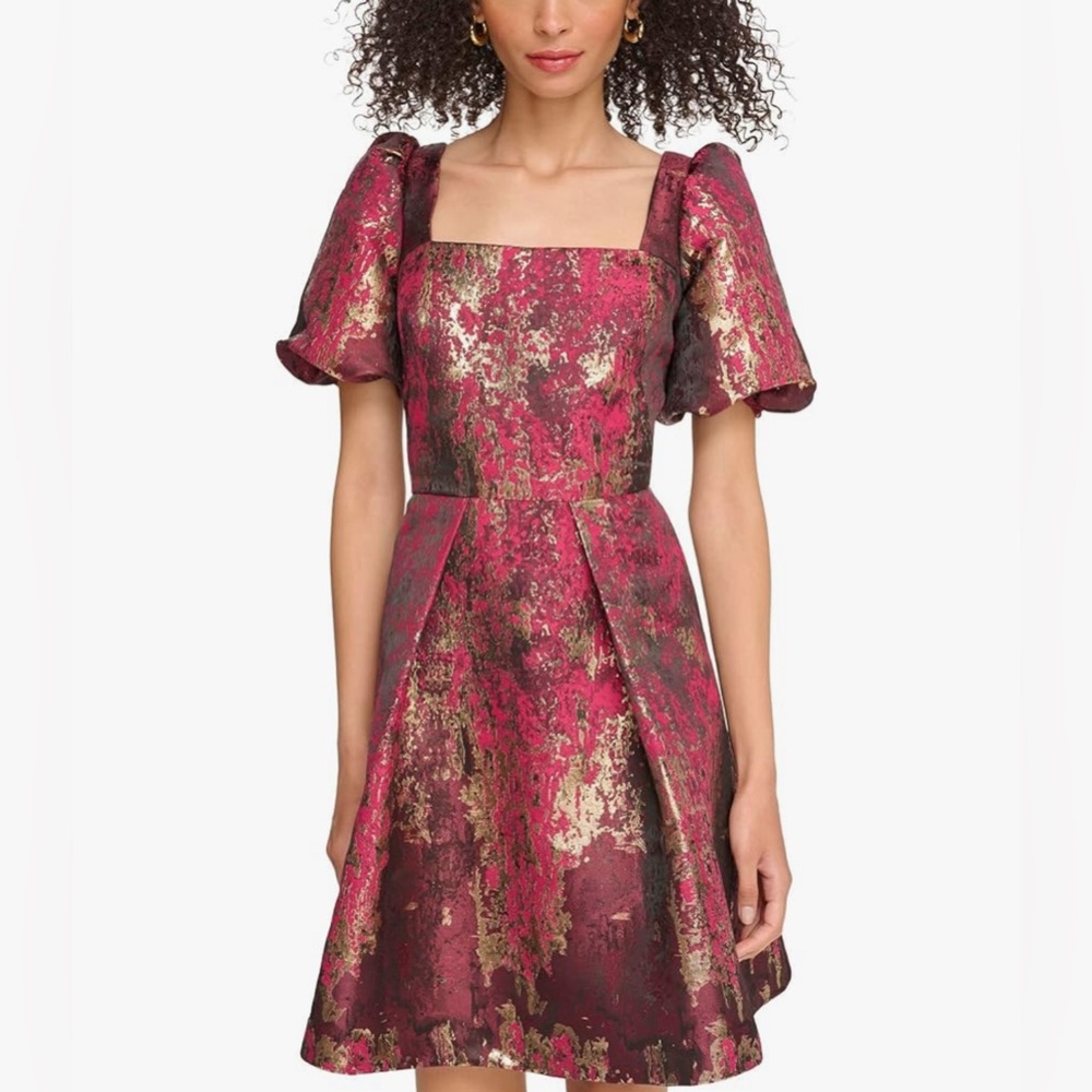 NWT Vince Camuto Jacquard Puff Sleeve Fit-and-Flare Dress Size 4
